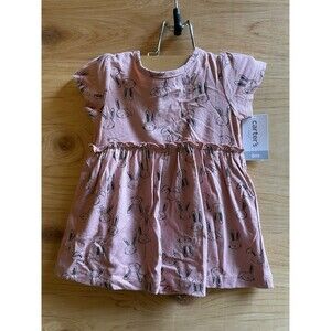 Carter’s Bodysuit Dress Size 6 Month Pink Bunny Print Ruffle 100% Cotton